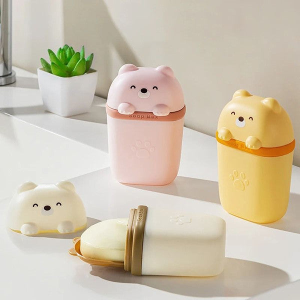 Portable Cartoon Bear Soap Dish | Leakproof Soap Holder for Travel & Home