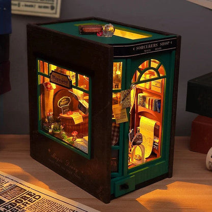 DIY Book Nook Insert Shelf Kit, Wooden Miniature Sorcerer's Shop Model, Magic Diary Casa Bookend Bookshelf Decor Gift