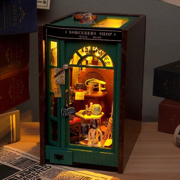 DIY Book Nook Insert Shelf Kit, Wooden Miniature Sorcerer's Shop Model, Magic Diary Casa Bookend Bookshelf Decor Gift