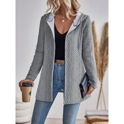 Womens Solid Color Hooded Zip Sweatshirt Casual Loose Fit Jacket