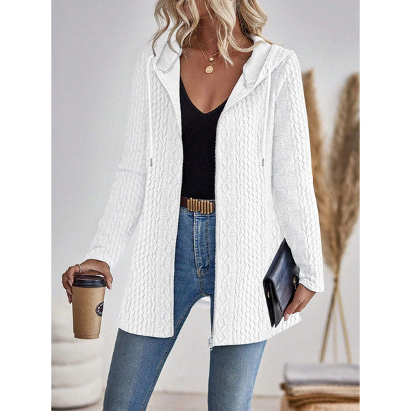 Womens Solid Color Hooded Zip Sweatshirt Casual Loose Fit Jacket